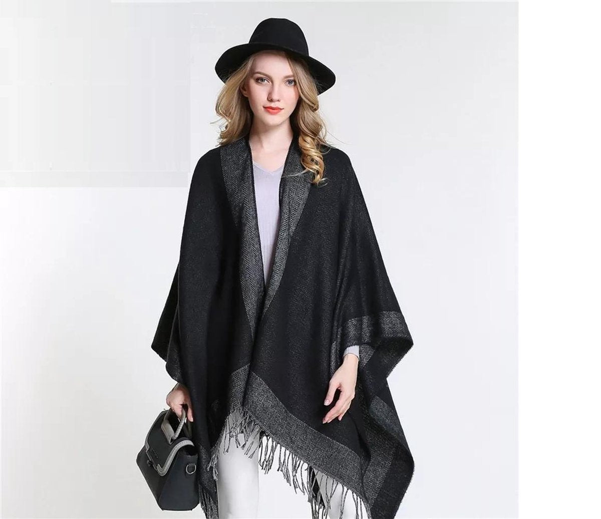 Luxe Omslagdoek Poncho Dubbelzijdig draagbaar Zwart - Grijs