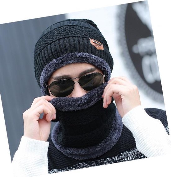 Trendy Hat with Col / Scarf | Red with blue | Beanies | Knitted Baggy Warm Hat | Winter Hat Lined Wool