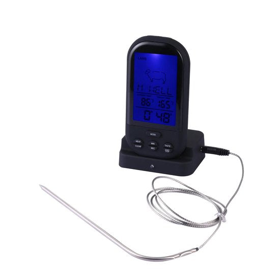 Luxury digital wireless meat / fish thermometer - Oven / core / BBQ core thermometer with display - Wireless kitchen thermometer - Stainless steel - With timer and alarm function - With handy belt clip - Black