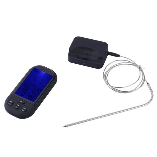 Luxury digital wireless meat / fish thermometer - Oven / core / BBQ core thermometer with display - Wireless kitchen thermometer - Stainless steel - With timer and alarm function - With handy belt clip - Black