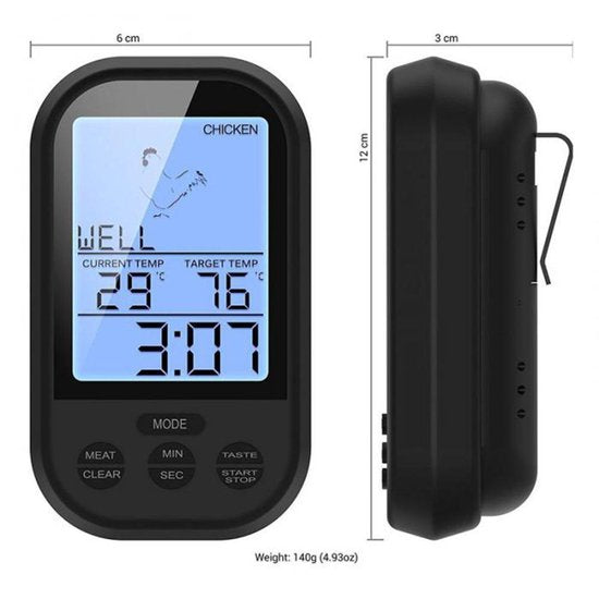 Luxury digital wireless meat / fish thermometer - Oven / core / BBQ core thermometer with display - Wireless kitchen thermometer - Stainless steel - With timer and alarm function - With handy belt clip - Black