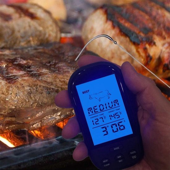 Luxury digital wireless meat / fish thermometer - Oven / core / BBQ core thermometer with display - Wireless kitchen thermometer - Stainless steel - With timer and alarm function - With handy belt clip - Black