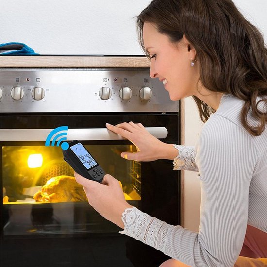 Luxury digital wireless meat / fish thermometer - Oven / core / BBQ core thermometer with display - Wireless kitchen thermometer - Stainless steel - With timer and alarm function - With handy belt clip - Black