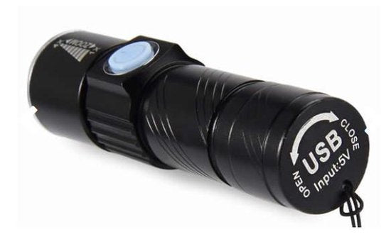 Rechargeable USB LED Flashlight - Rechargeable Flashlight Waterproof - 800 Lumen - With Zoom - Water Resistant - Black