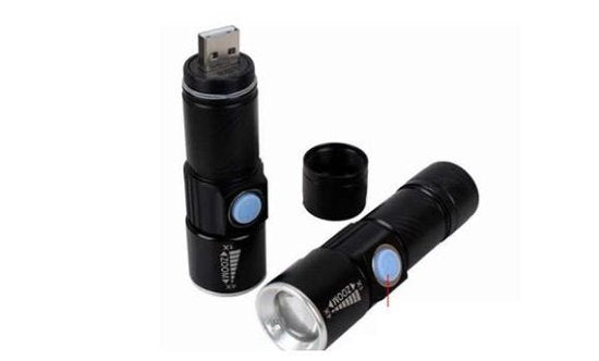 Rechargeable USB LED Flashlight - Rechargeable Flashlight Waterproof - 800 Lumen - With Zoom - Water Resistant - Black