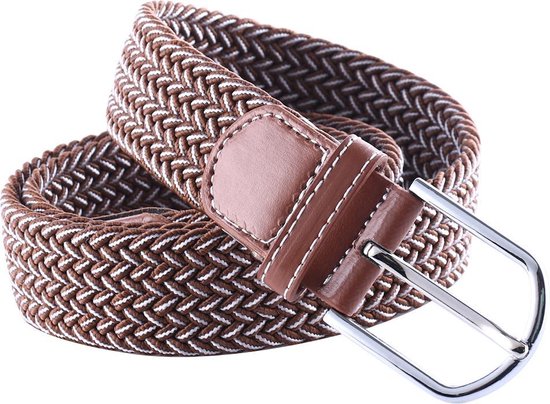 Elastic Woven Belt Braided Belt Stretchy Light Brown/White