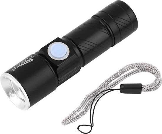 Rechargeable USB LED Flashlight - Rechargeable Flashlight Waterproof - 800 Lumen - With Zoom - Water Resistant - Black