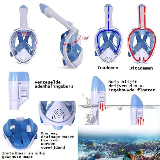 Snorkelmasker  Duikmasker  Full face duikmasker   Zwart/Blauw