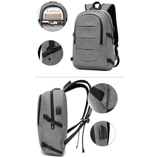 Backpack Anti Theft Backpack TSA Lock USB AUX Port Gray