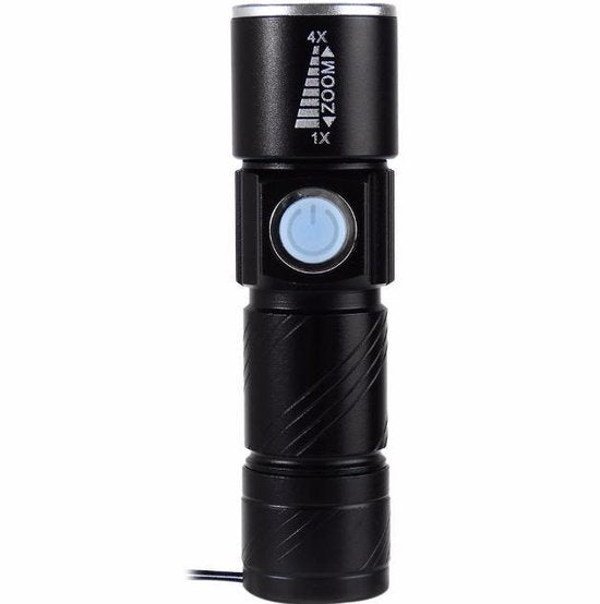 Rechargeable USB LED Flashlight - Rechargeable Flashlight Waterproof - 800 Lumen - With Zoom - Water Resistant - Black