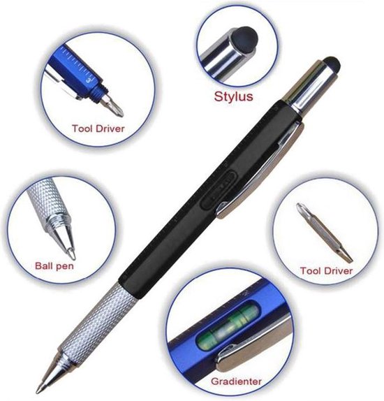 Multifunctionele Stylus Pen - 7 in 1 - Met Balpen - 2-pack - Zwart