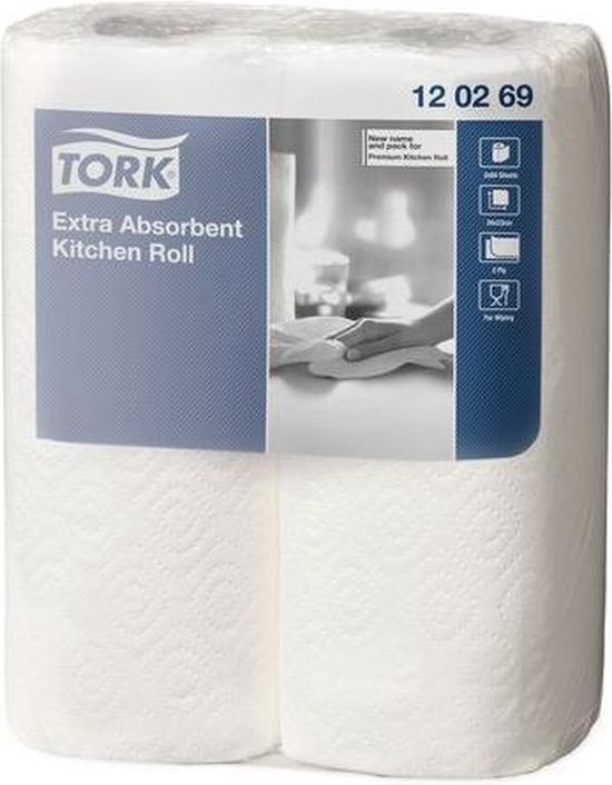 Tork Premium Keukenrol, 2-Laags, 64 vel, Wit (pak 2 rollen)
