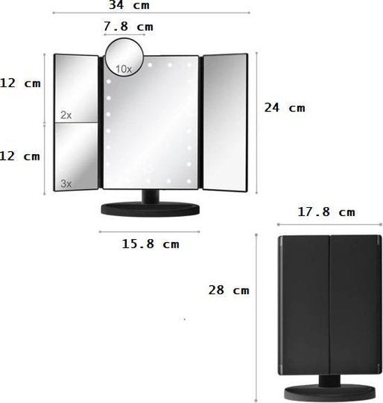 Spiegel met LED verlichting - Make-upspiegel 3 Vergrotende Spiegels - Zwart