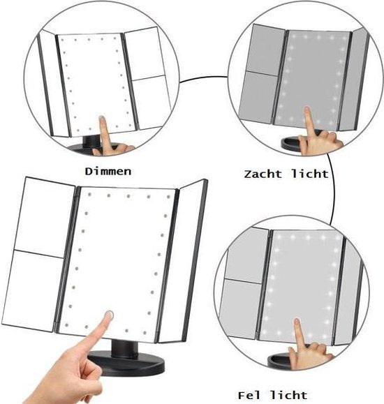 Spiegel met LED verlichting - Make-upspiegel 3 Vergrotende Spiegels - Zwart