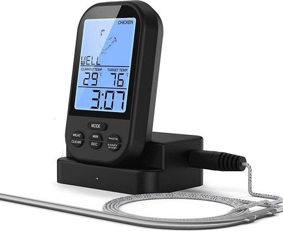 Luxury digital wireless meat / fish thermometer - Oven / core / BBQ core thermometer with display - Wireless kitchen thermometer - Stainless steel - With timer and alarm function - With handy belt clip - Black