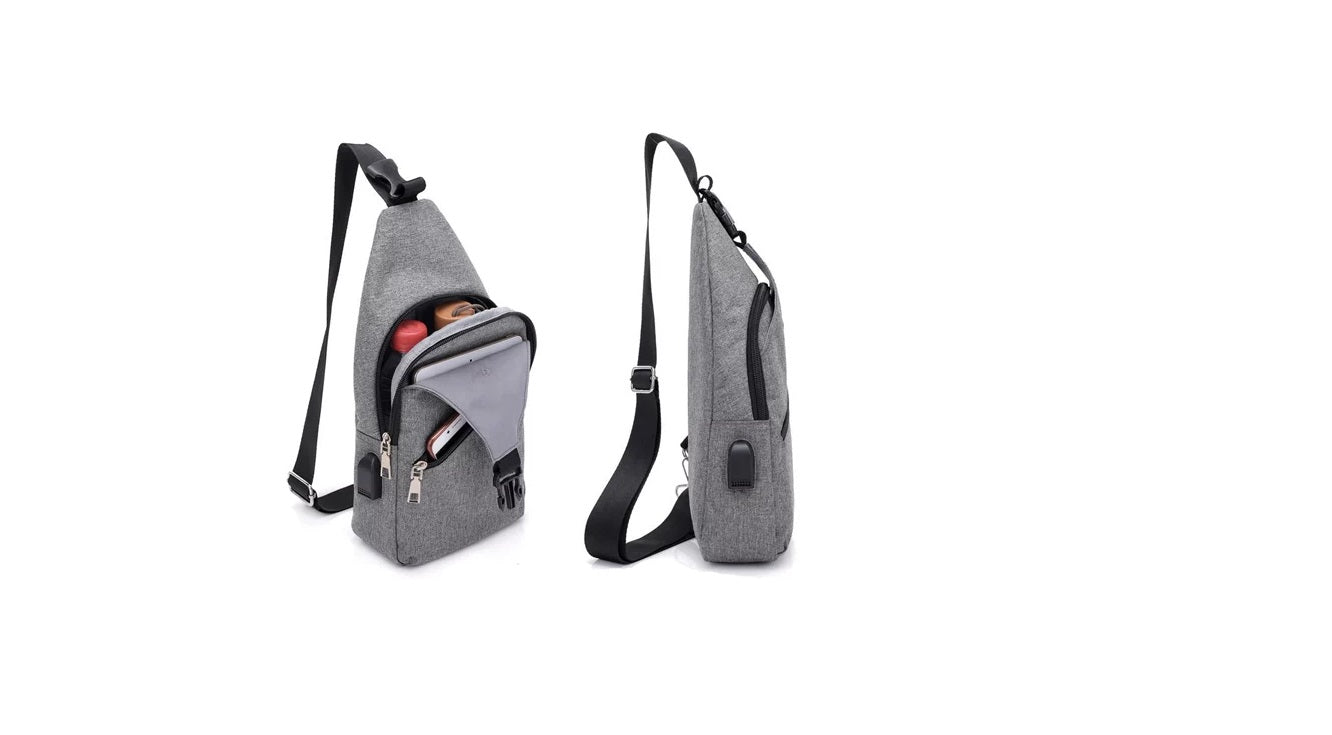 Men Cross body Bag Side Bag With USB Port - Grey