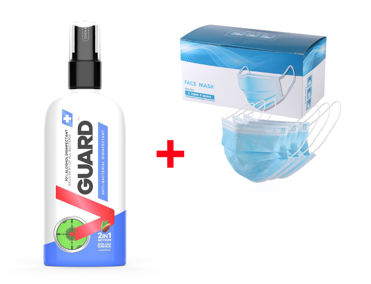 VGuard disinfection spray and 3-layer mouth masks